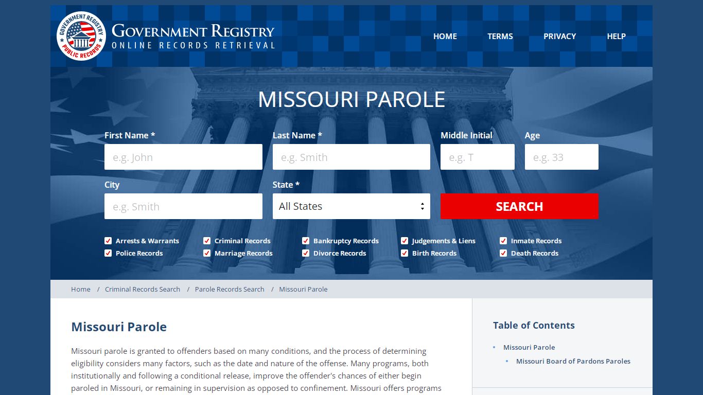 Missouri Department Of Parole - GovernmentRegistry.Org